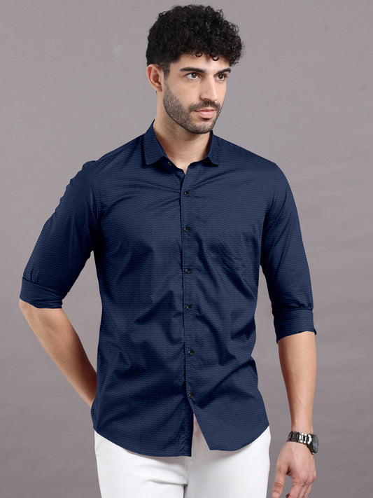 Navy Blue Wave Vintage Striped Textured Shirt