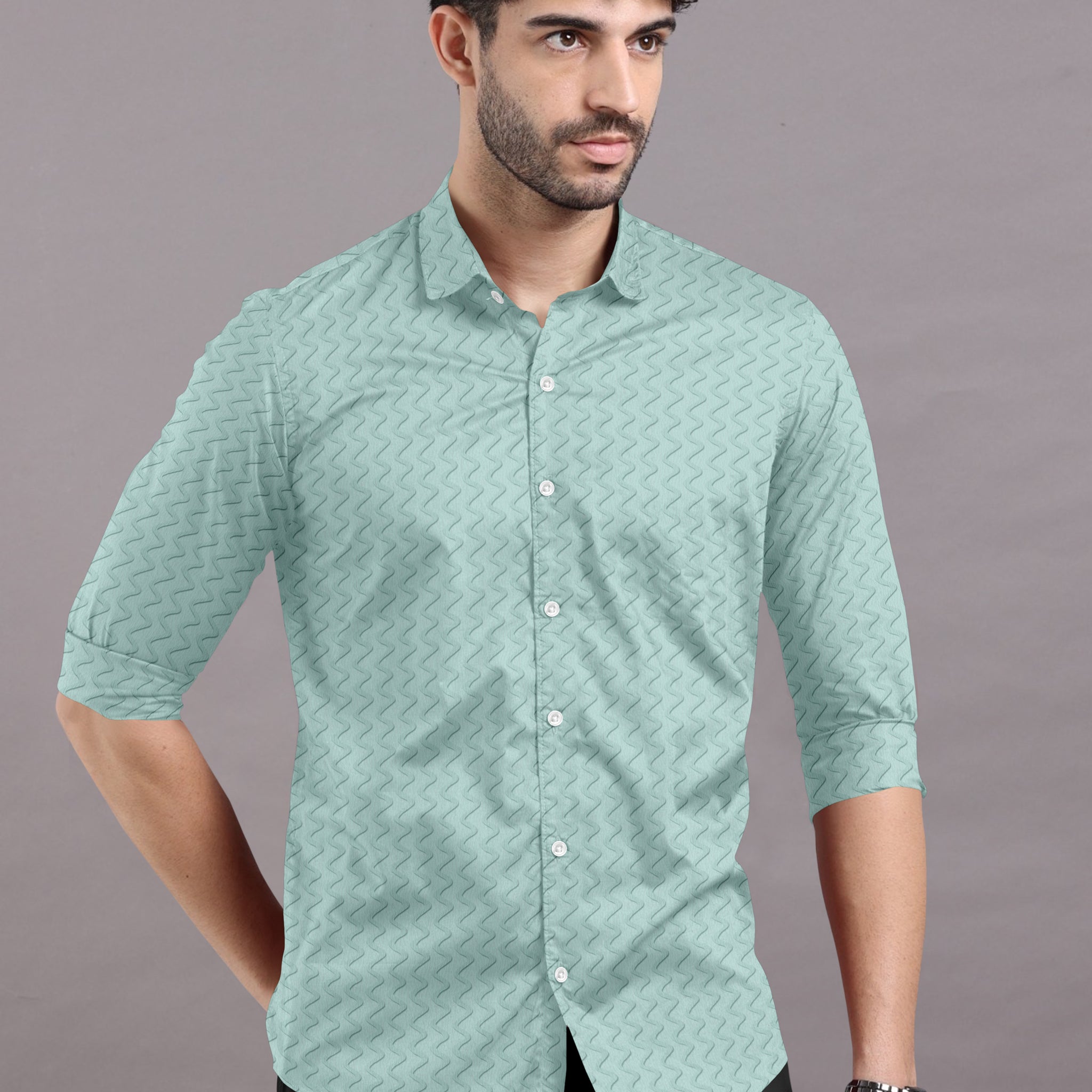 Pastel Green Wave Vintage Striped Textured Shirt